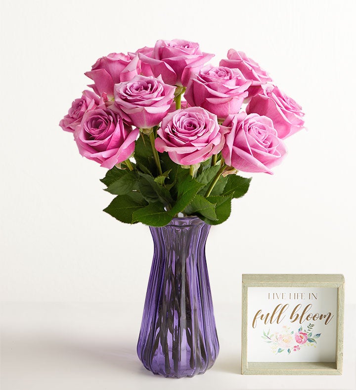 1-800-Flowers Flower Delivery Passion For Purple Roses 12 Stems W/ Purple Vase & Sign