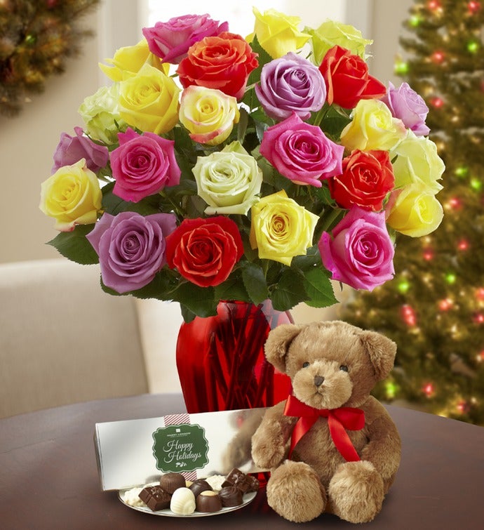 Holiday Lights Roses with Bear & Chocolate