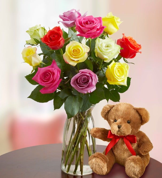 Christmas Lights Roses with Free Vase and Bear