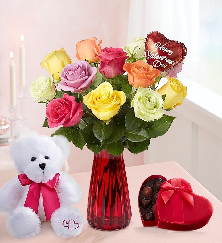 One Dozen Assorted Roses For Romance | 1800Flowers.com