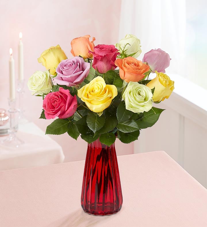 One Dozen Assorted Roses for Romance + Free Vase