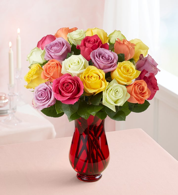 Two Dozen Assorted Roses for Romance + Free Vase