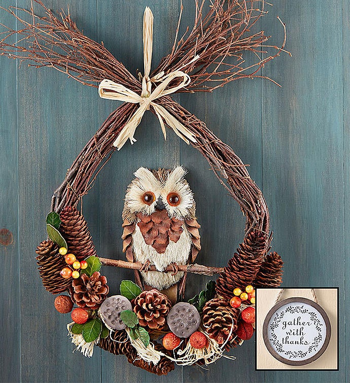 Preserved Fall Owl Wreath   18" With Free Plaque