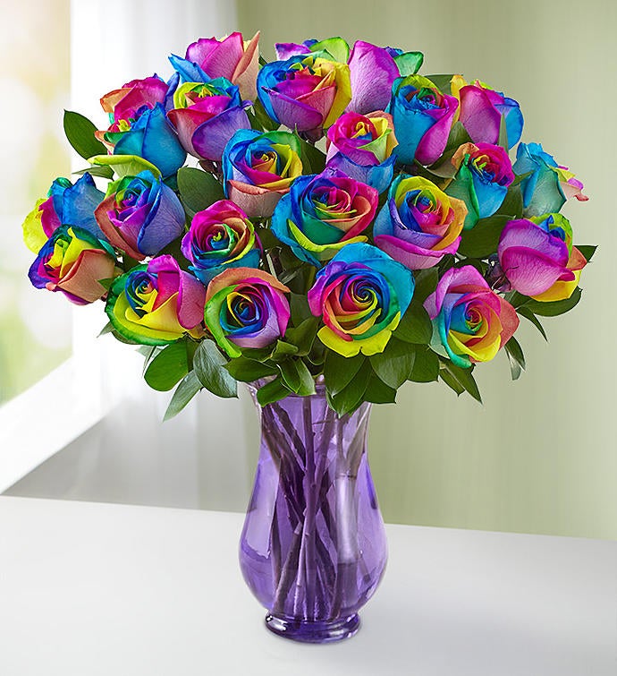 Kaleidoscope Roses,  12 Stems with Purple Vase & Windchime