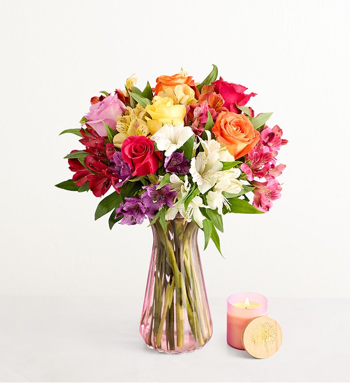 1-800-Flowers Flower Delivery Assorted Roses & Peruvian Lilies W/ Pink Vase & Candle