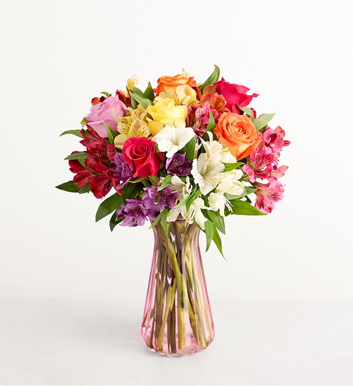1-800-Flowers Flower Delivery Assorted Roses & Peruvian Lilies W/ Pink Vase