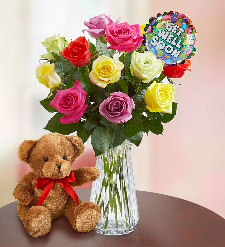 Get Well Soon Assorted Roses 12 24 Stems 1800flowers Com 145008