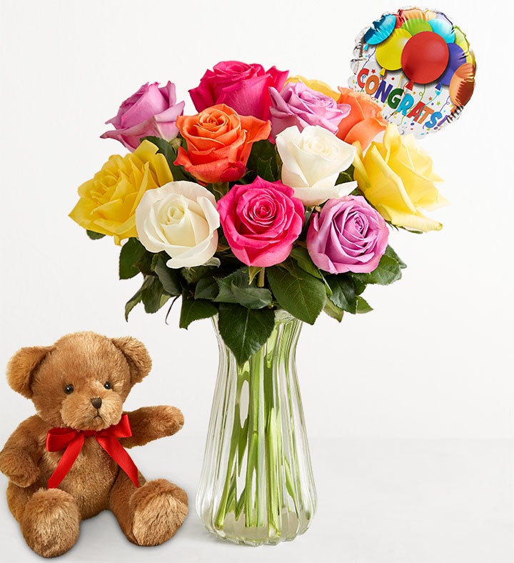 1-800-Flowers Flower Delivery Congratulations Assorted Roses 12 Stems W/ Clear Vase & Bear
