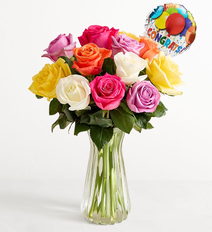 1-800-Flowers Flower Delivery Congratulations Assorted Roses 12 Stems W/ Clear Vase