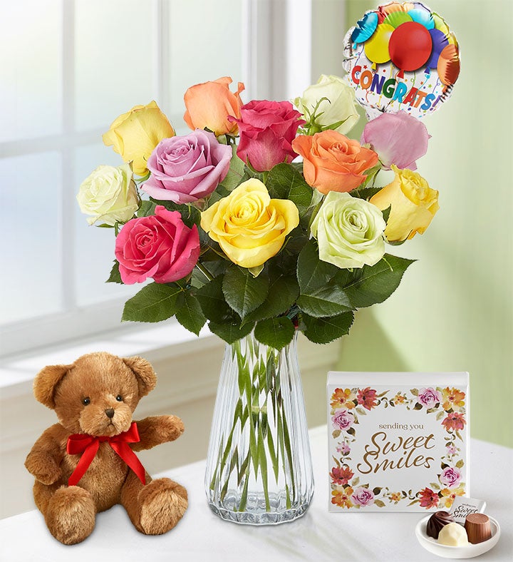 1-800-Flowers Flower Delivery Congratulations Assorted Roses 12 Stems W/ Clear Vase, Bear & Chocolate
