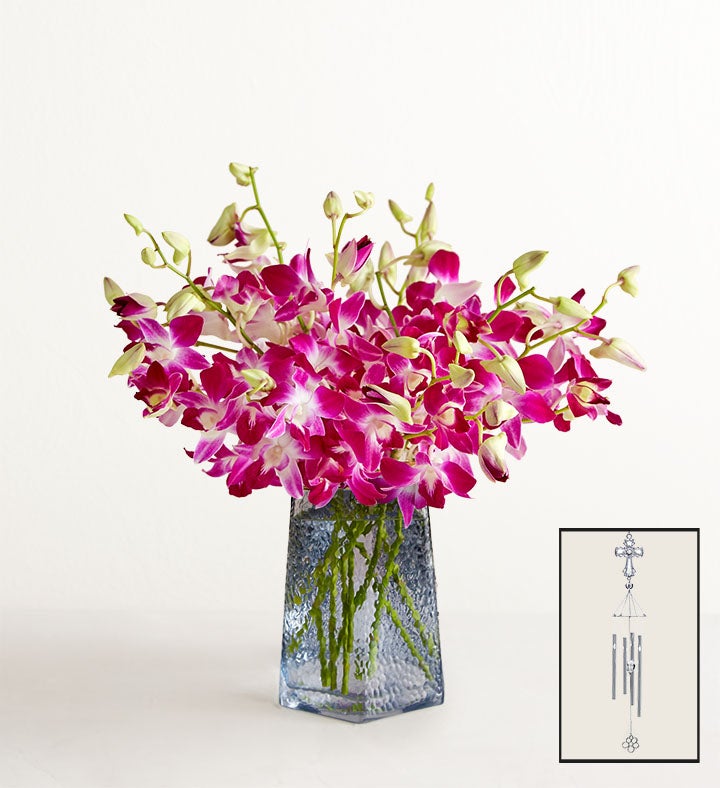 1-800-Flowers Flower Delivery Sympathy Orchids 10 Stems W/ Blue Vase & Windchime