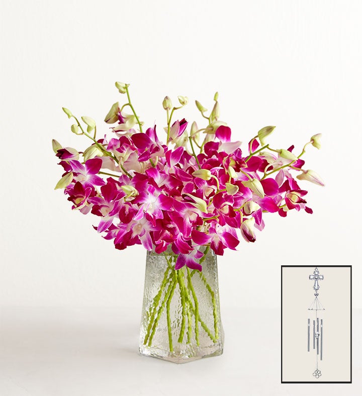 1-800-Flowers Flower Delivery Sympathy Orchids 10 Stems W/ Clear Vase & Windchime