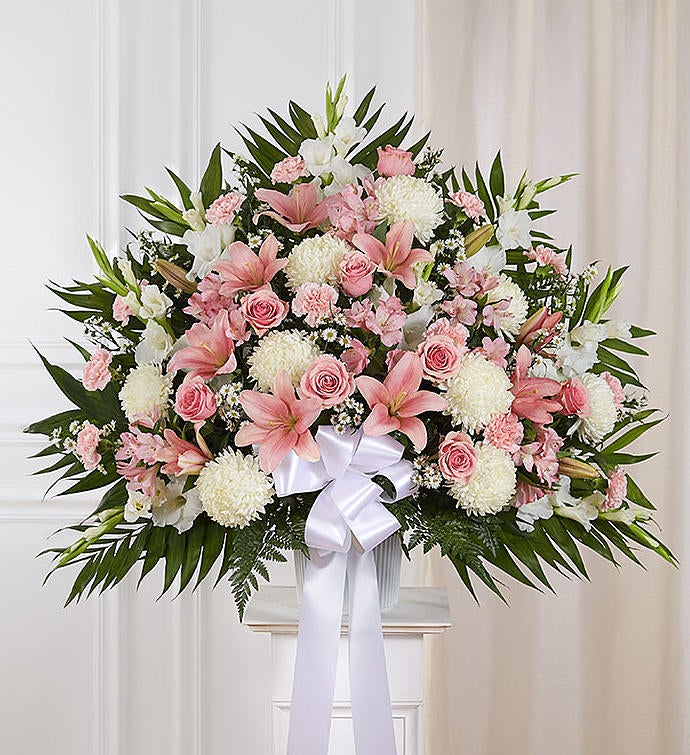 Heartfelt Sympathies™ Pink & White Standing Basket 1800Flowers
