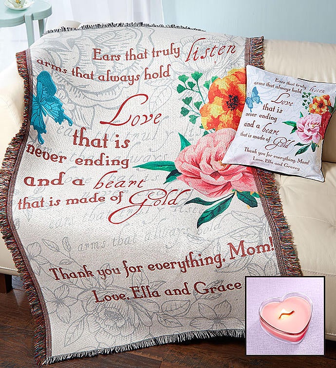 Personalized Mother's Day Throw, Pillow & Candle Set