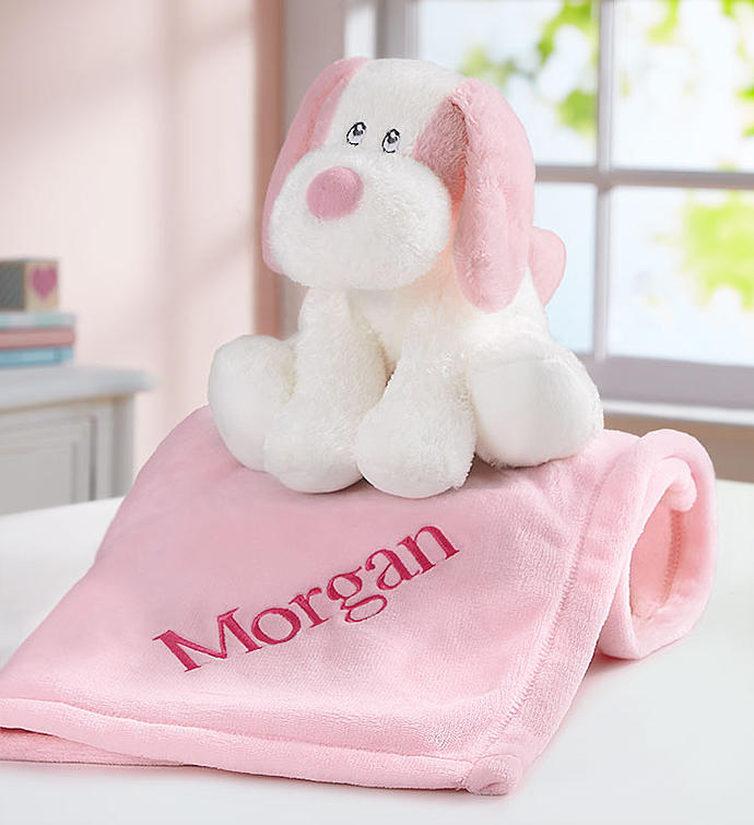 Personalized Puppy and Blanket  Pink or Blue