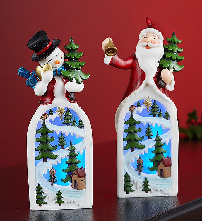 Lighted Santa and Snowman Pair