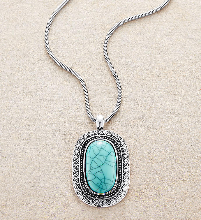 Silver Necklace With Oval Turquoise Medallion by Bayberry Road