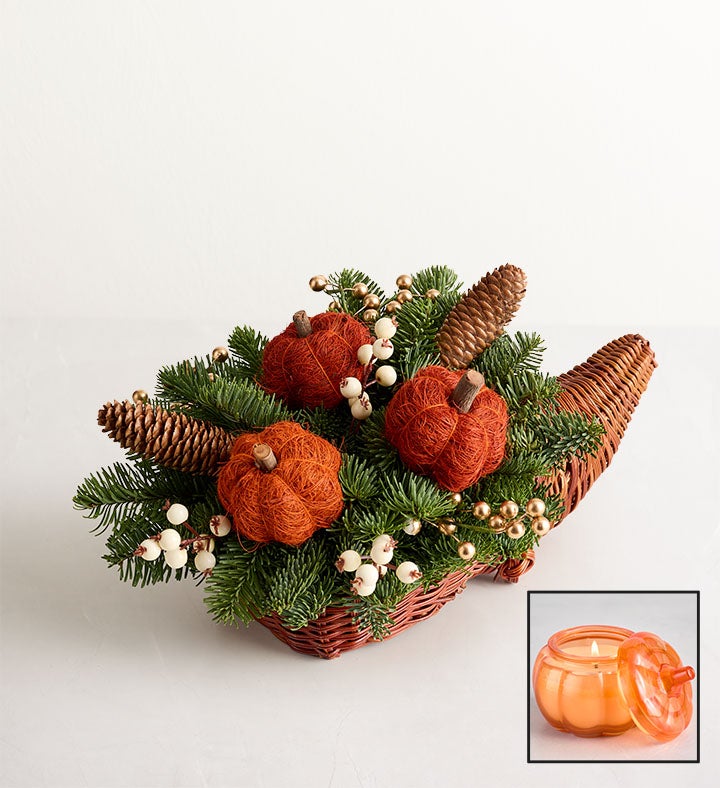 1-800-Flowers Gifts Delivery Thanksgiving Traditions Cornucopia Small W/ Pumpkin Spice Candle