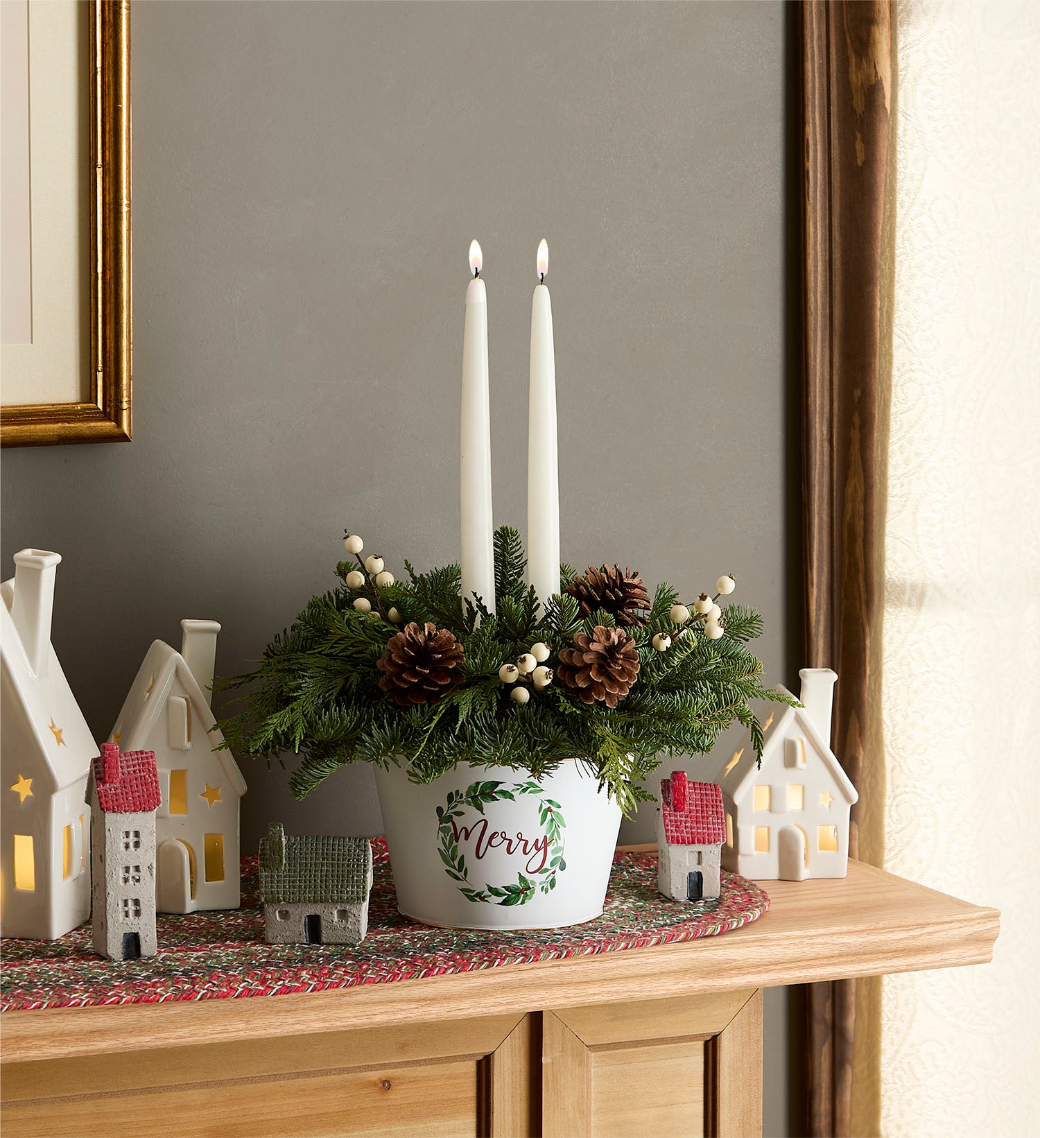 Merry Evergreen Centerpiece- Lights