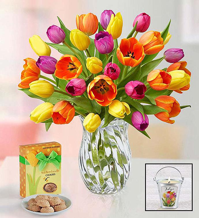 30 Tulips + Free Vase, Candle & Cookies