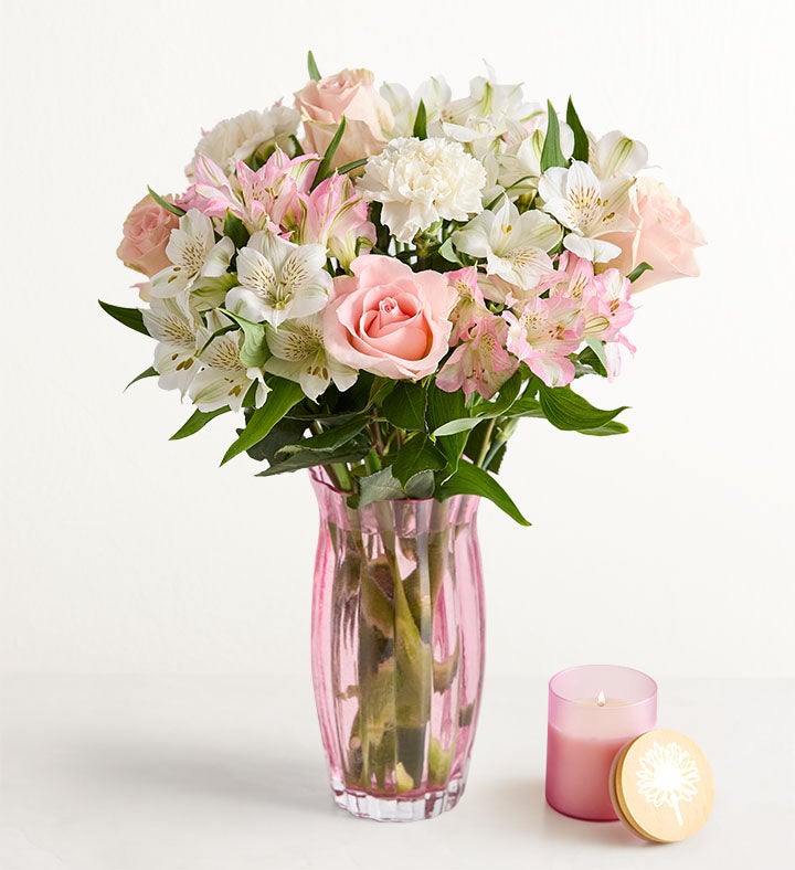 1-800-Flowers Flower Delivery Cherished Blooms Bouquet W/ Pink Vase & Candle