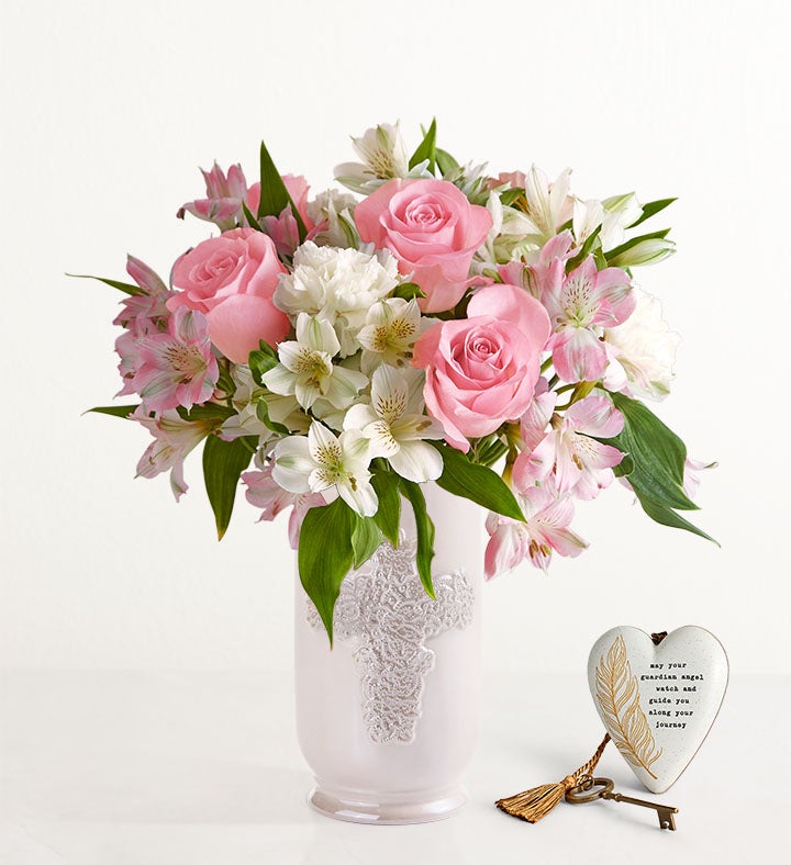1-800-Flowers Flower Delivery Heartfelt Condolences W/ Ceramic Cross Vase & Guardian Angel Keepsake