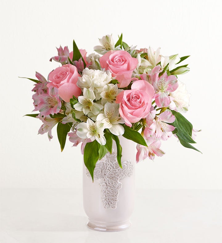 1-800-Flowers Everyday Gift Delivery Heartfelt Condolences W/ Ceramic Cross Vase