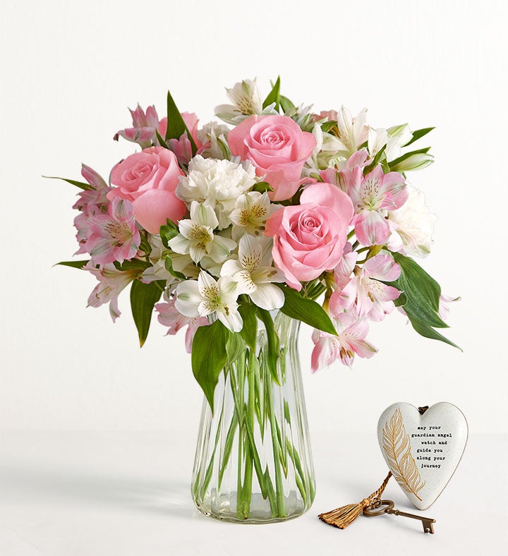 1-800-Flowers Flower Delivery Heartfelt Condolences W/ Clear Vase & Guardian Angel Keepsake