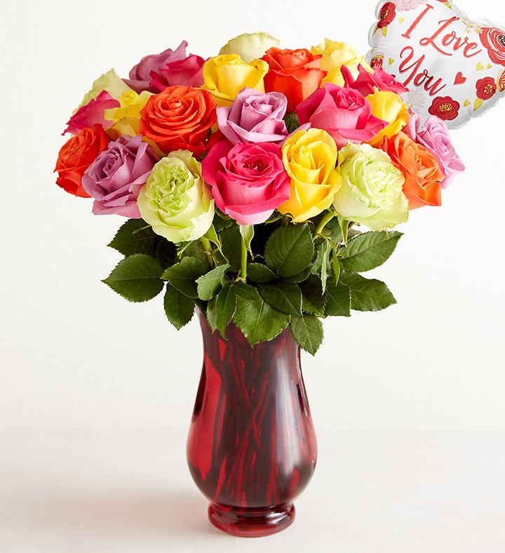 1-800-Flowers Flower Delivery I Love You Assorted Roses 24 Stems W/ Red Vase
