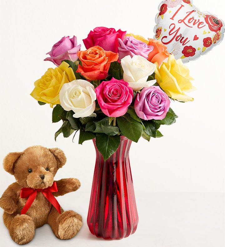 1-800-Flowers Flower Delivery I Love You Assorted Roses 12 Stems W/ Red Vase & Bear