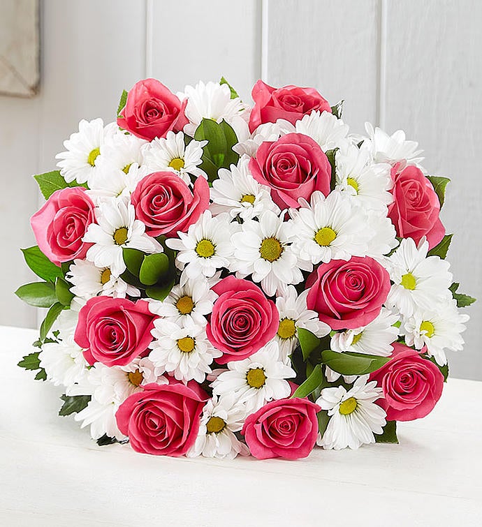 Fair Trade Certified Pink Roses & White Daisies with Pink Vase by 1-800 Flowers