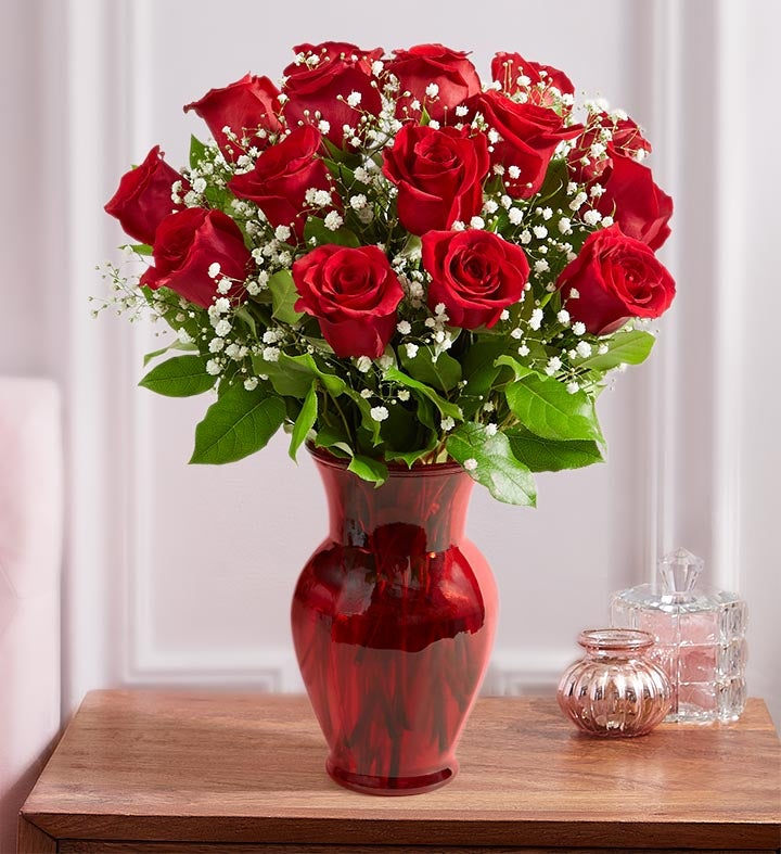 Congratulations Assorted Roses, 24 Stems with Clear Vase, Bear & Chocolate by 1-800 Flowers