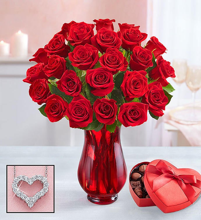24 Red Roses with Vase, Heart Necklace & Chocolate