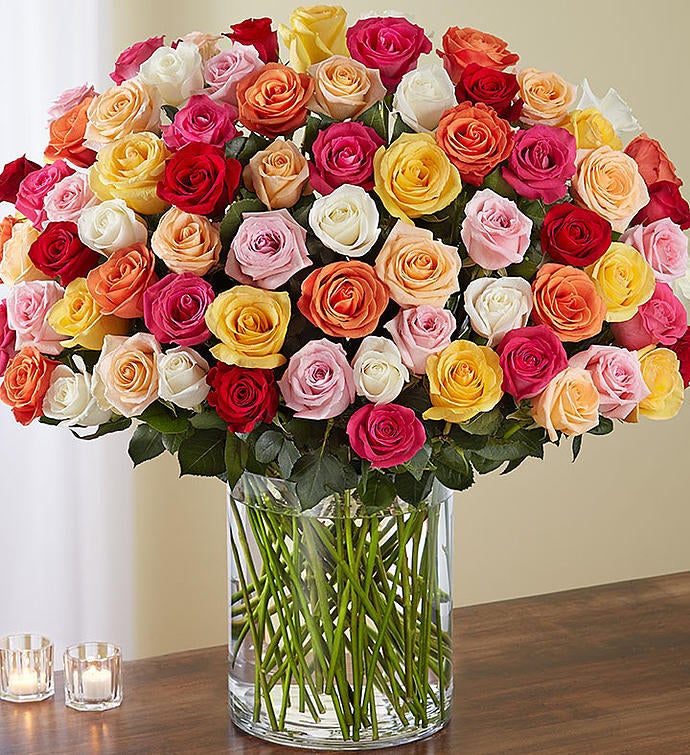 Inloggegevens geur Versnel 100 Premium Long Stem Multicolored Roses | 1800Flowers.com - 163010