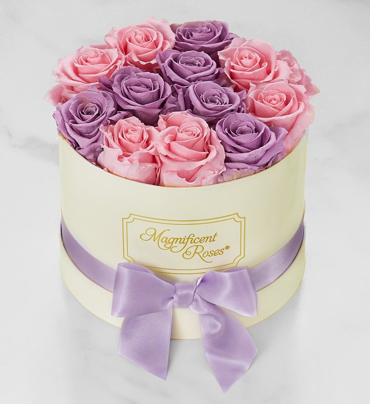 Magnificent Roses® Preserved Lavender and Pink Duo Roses | 1800flowers.com