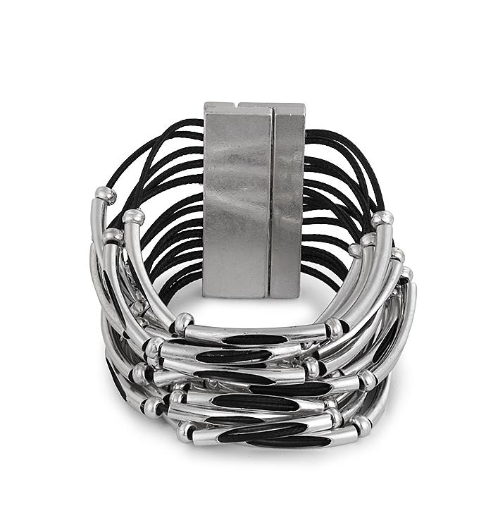Silver Bars Black Cord Bracelet