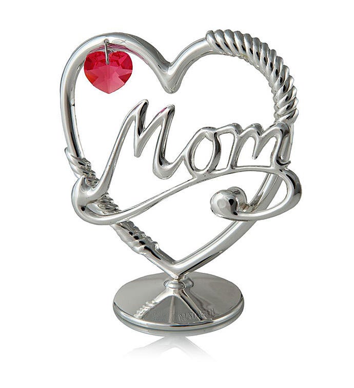 Silver Plated Mom Heart Ornament with Red Crystals