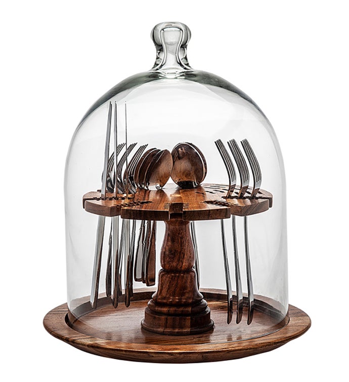 Wood & Glass Domed Round Flatware Caddy
