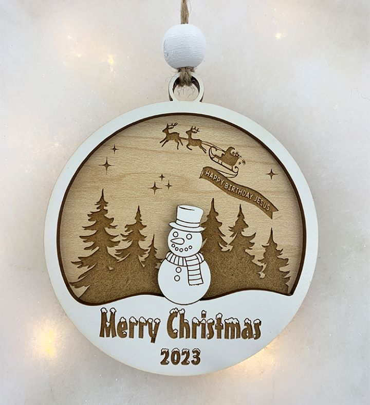 Snowman Santa Sleigh Happy Birthday Jesus Ornament