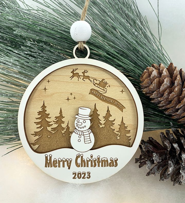 Snowman Santa Sleigh Happy Birthday Jesus Ornament
