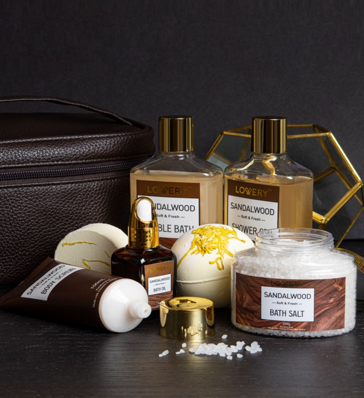 Sandalwood Bath Gift Set in leather Cosmetic Bag