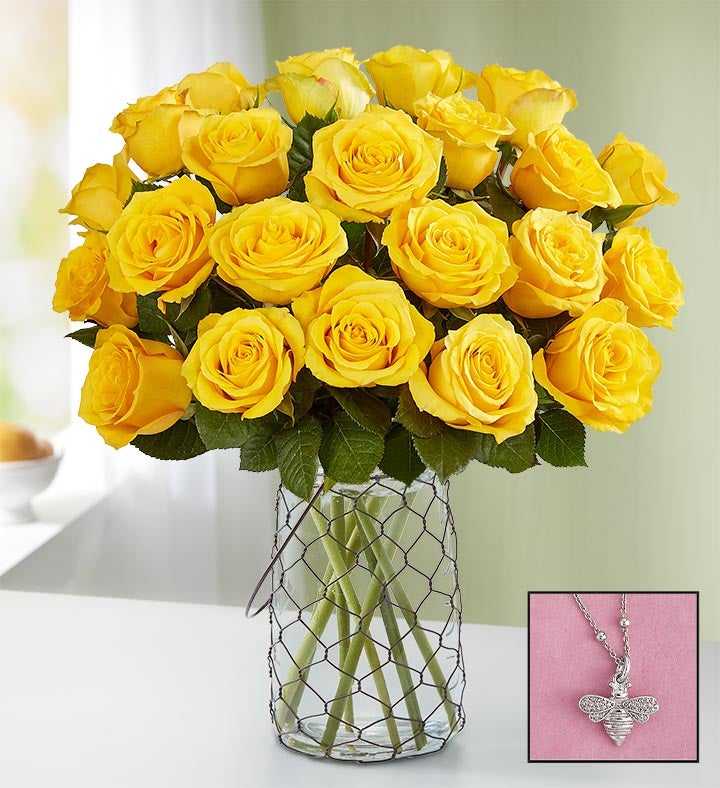 Yellow Roses With Ross Simons Bee Necklace