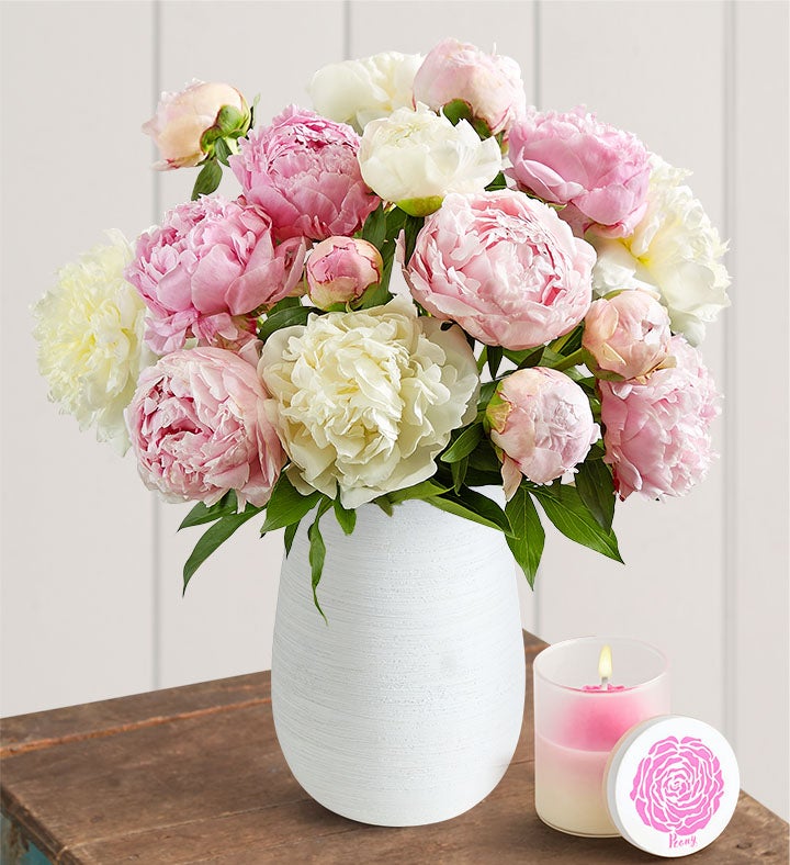 1-800-Flowers Flower Delivery Pink & White Peony Bouquet 20 Stems W/ White Ceramic Vase & Candle