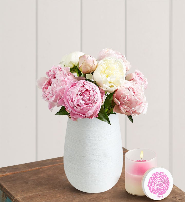 1-800-Flowers Flower Delivery Pink & White Peony Bouquet 10 Stems W/ White Ceramic Vase & Candle