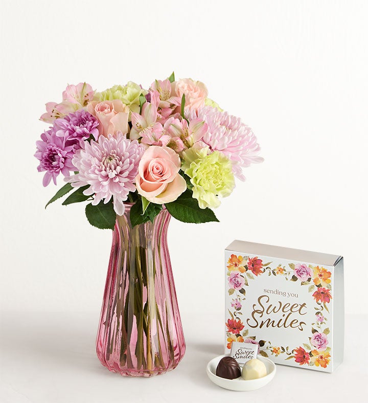 1-800-Flowers Flower Delivery Spring Delight Bouquet W/ Pink Vase & Chocolate