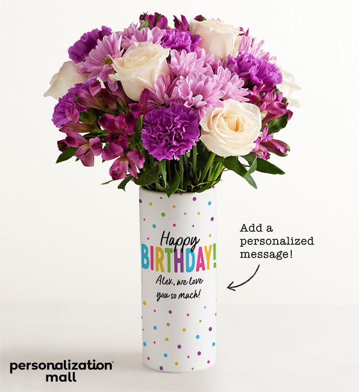 1-800-Flowers Birthday Delivery Happy Birthday Bouquet W/ Personalized Vase W/ Lavender Garden Bouquet
