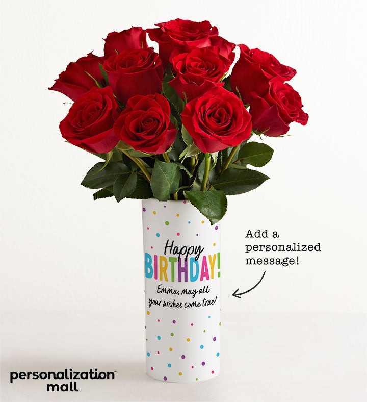 1-800-Flowers Flower Delivery Happy Birthday Bouquet W/ Personalized Vase W/ One Dozen Red Roses
