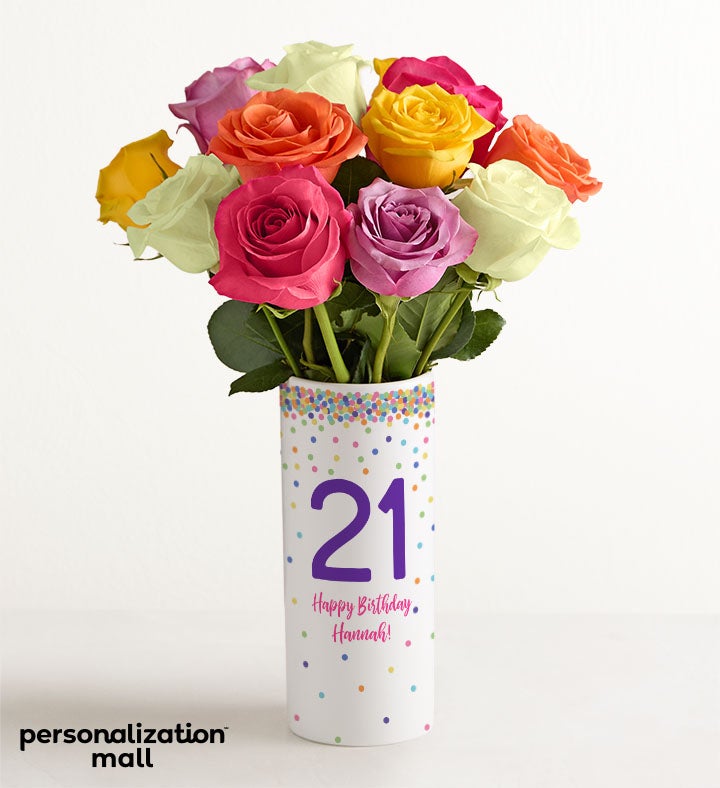1-800-Flowers Flower Delivery Milestone Celebrations Bouquet W/ Personalized Vase 21St Birthday Vase W/ One Dozen Assorted Roses