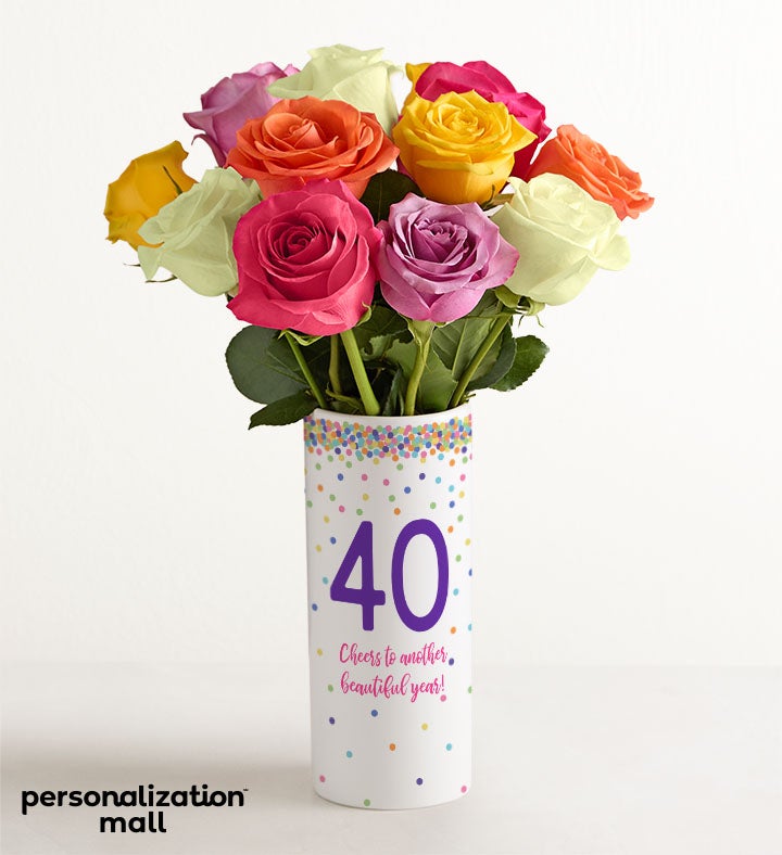 1-800-Flowers Flower Delivery Milestone Celebrations Bouquet W/ Personalized Vase 40Th Birthday Vase W/ One Dozen Assorted Roses