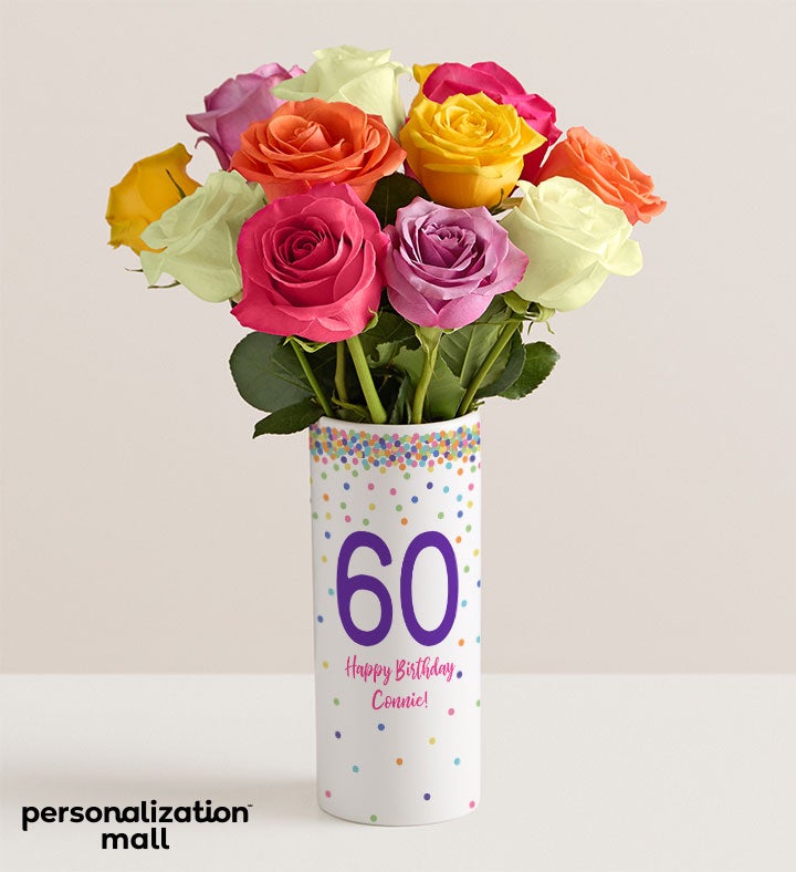 1-800-Flowers Flower Delivery Milestone Celebrations Bouquet W/ Personalized Vase 60Th Birthday Vase W/ One Dozen Assorted Roses